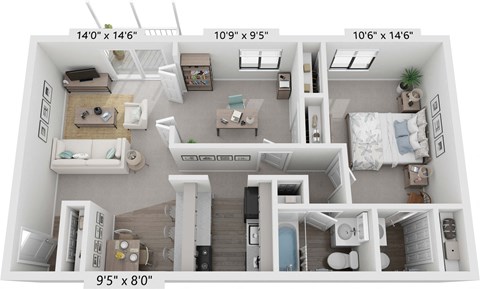 Floor plan for 1 bed, 1.5 baths, 750 sqft
